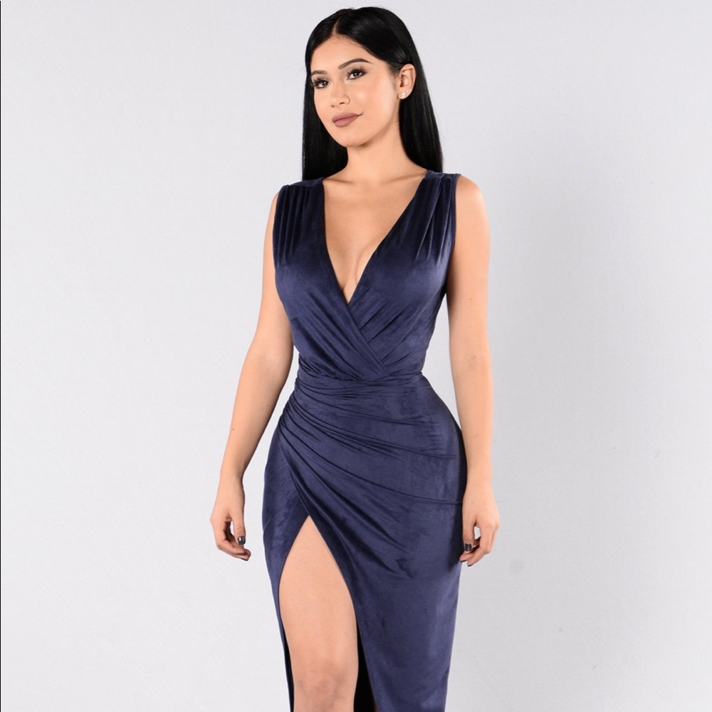 Woman’s Dress Midi Faux Suede Navy V Neck